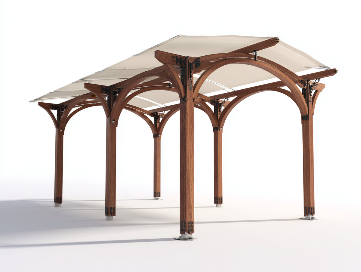 Pérgola de jardín - estructura de madera 400 x 300 x 270 cm - marrón-beige-negro - diseño arqueado con cubierta textil