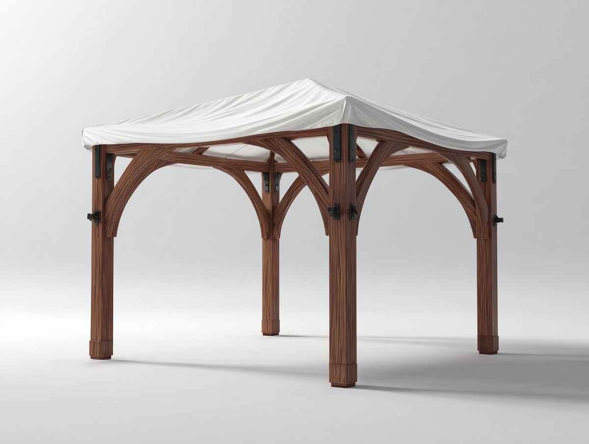 Pérgola de jardín de madera 360x300x285 cm - marrón-blanco - diseño clásico con cubierta textil para exterior