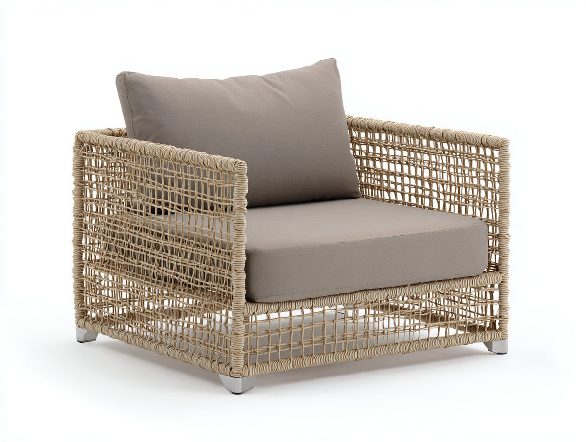 Sillón de ratán 98x88x82 cm - Ratán natural-Gris topo - Diseño moderno de tejido abierto