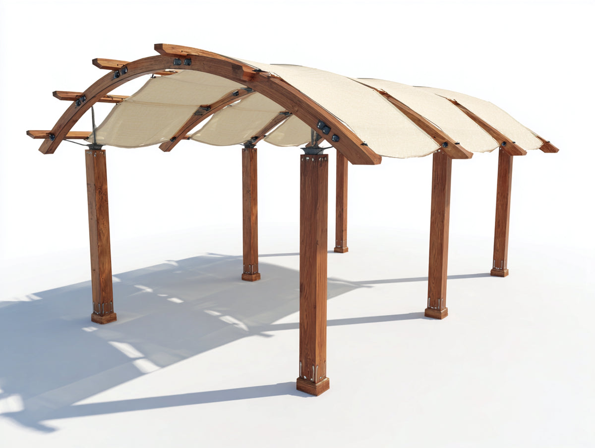 Pérgola de jardín de madera 400x300x260 cm - Marrón y beige - Cubierta textil arqueada