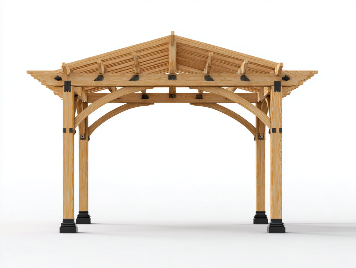 Pérgola de jardín de madera 300x300x280 cm - Marrón natural - Techo oriental con estructura reforzada