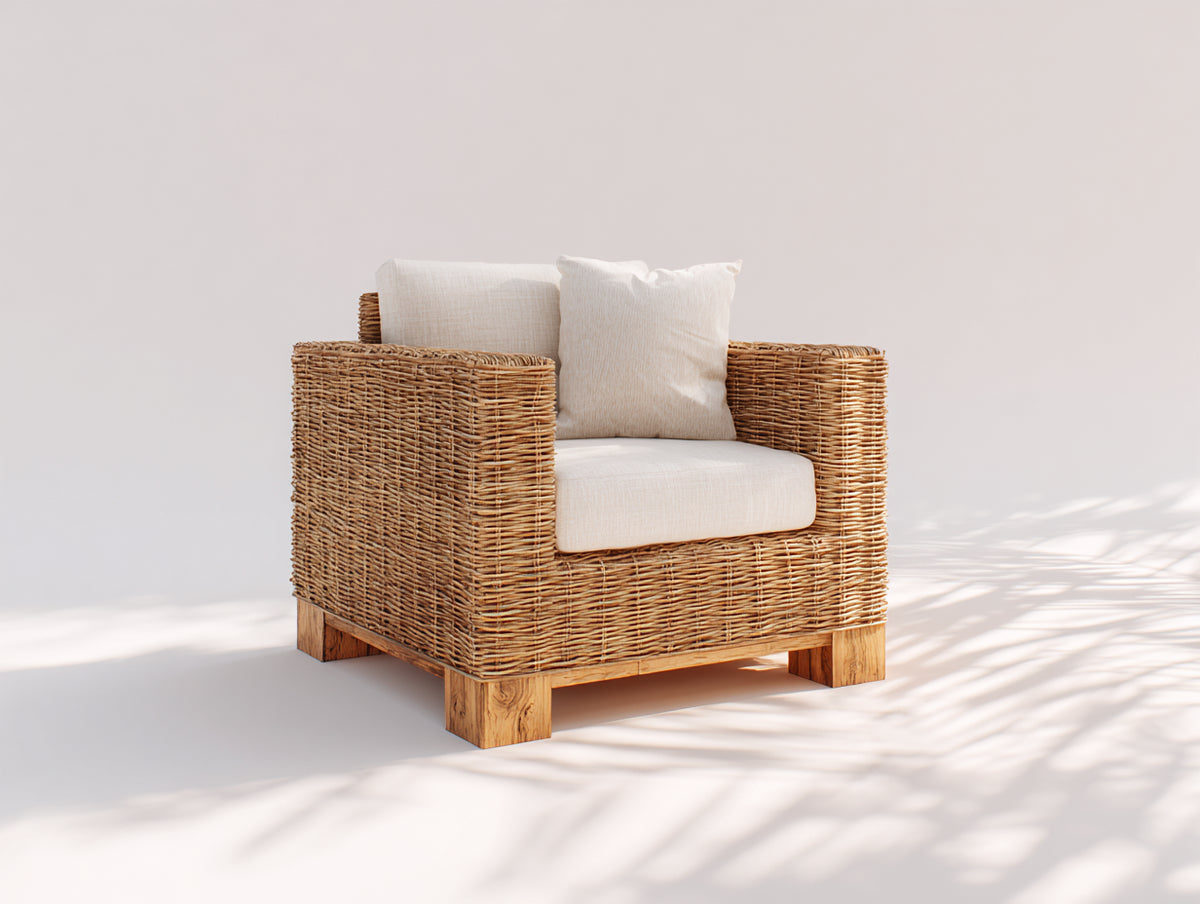 Sillones de ratán - estructura trenzada 92 x 87 x 85 cm - marrón claro-beige - diseño moderno con reposabrazos