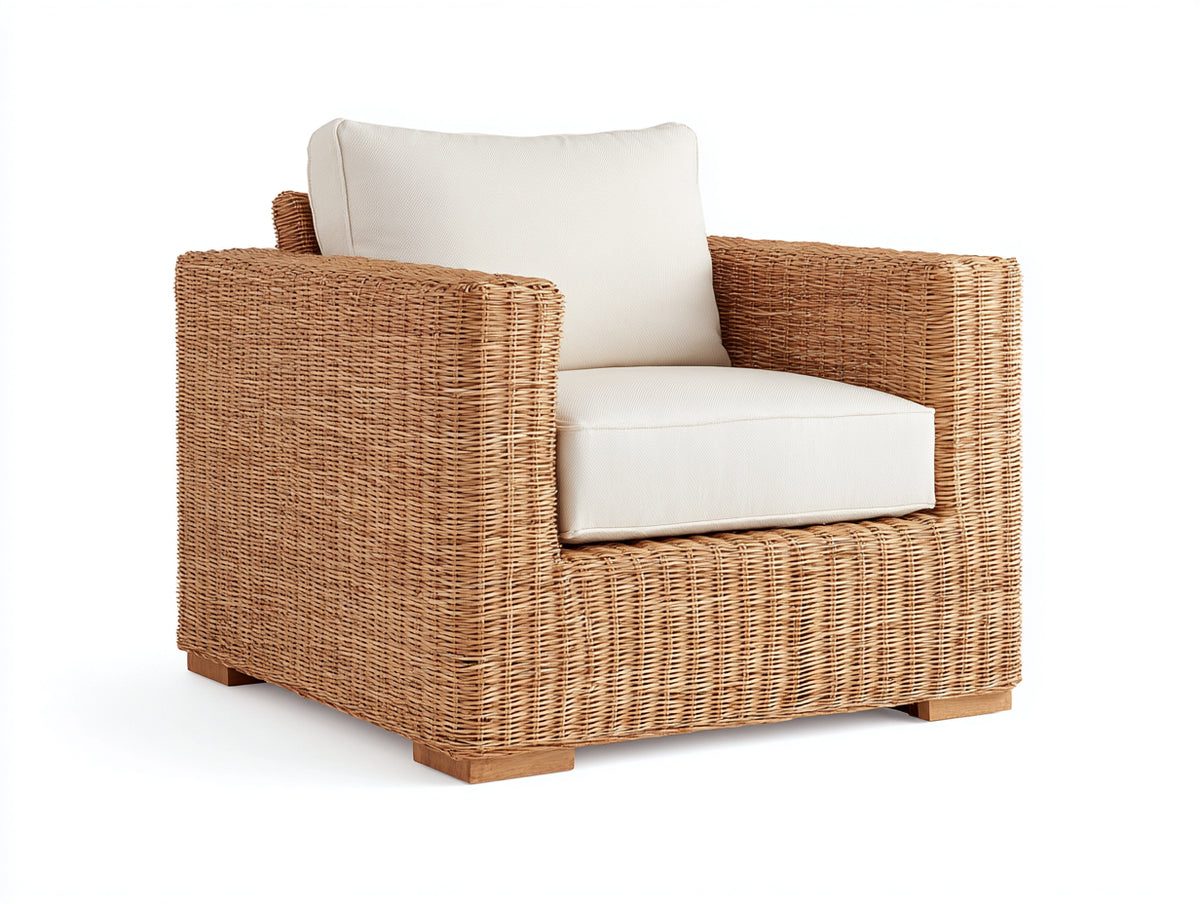 Sillón de ratán natural 92x88x80 cm - Marrón miel y crema - Asiento acolchado y diseño envolvente