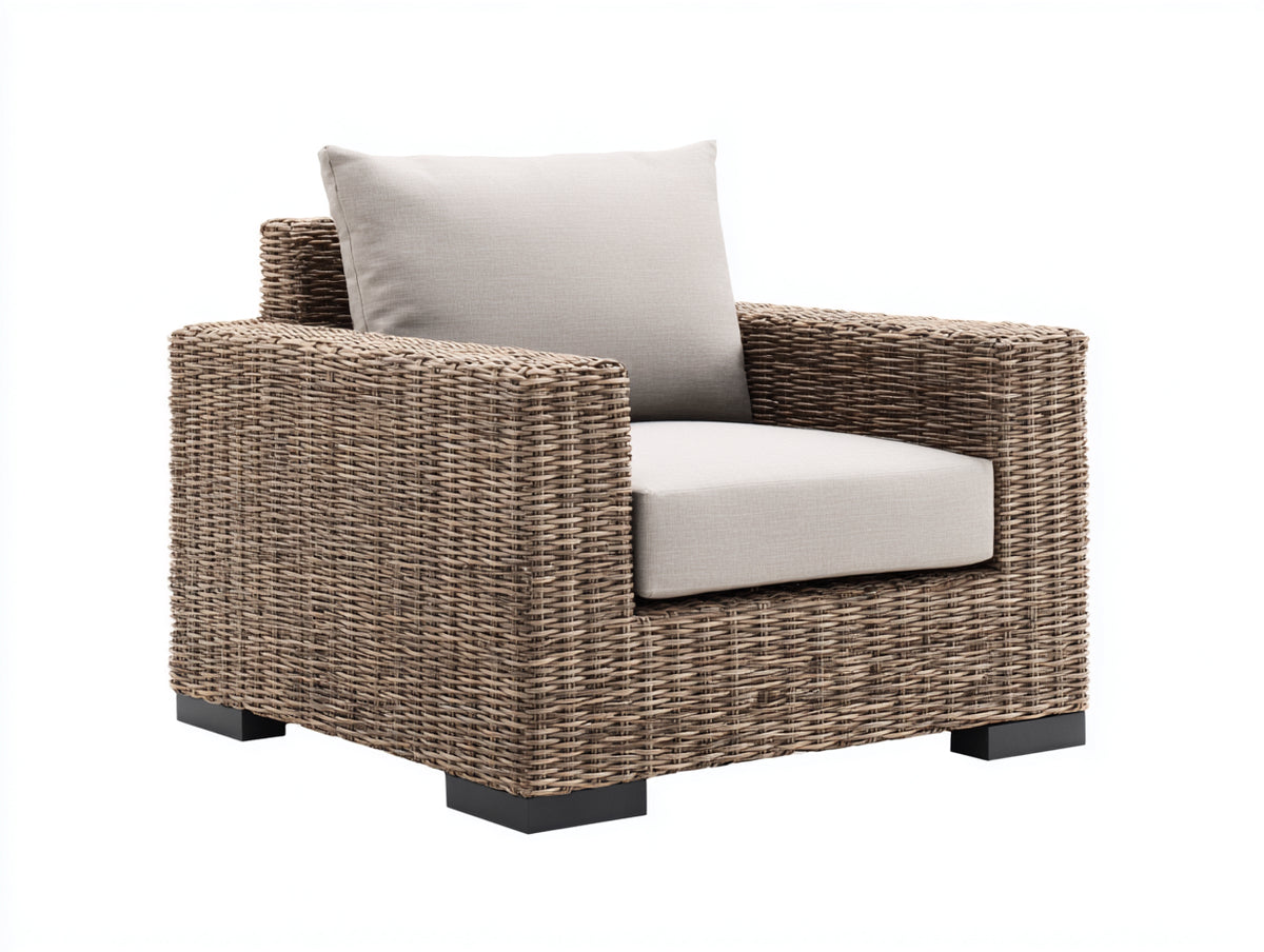 Sillón de ratán 90x86x78 cm - Marrón topo y beige claro - Estructura envolvente con asiento acolchado