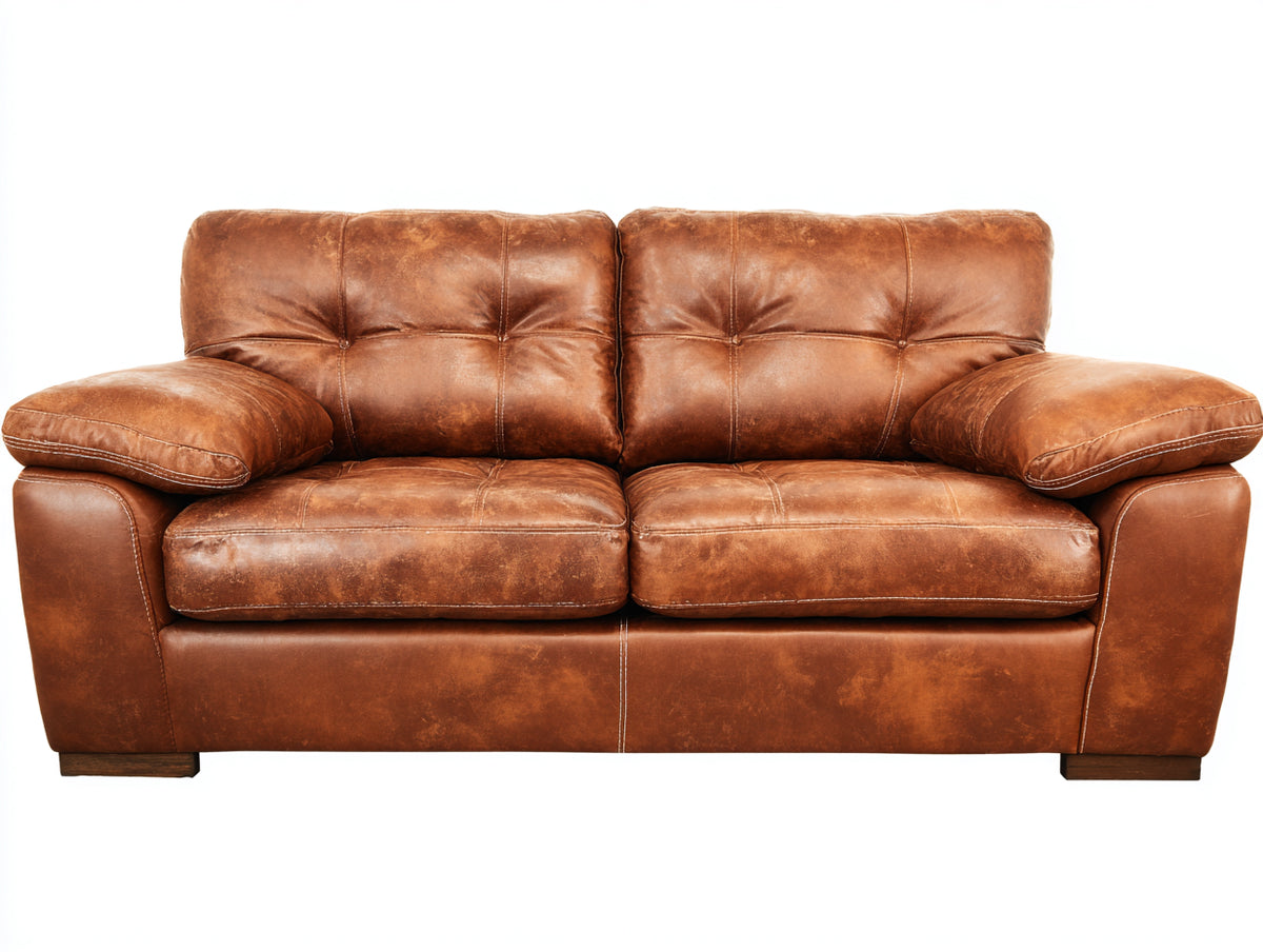Sofá de 2 plazas tapizado en cuero 195x98x90 cm - Marrón coñac - Diseño clásico con respaldo capitoné