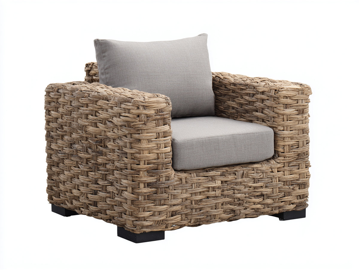 Sillones de ratán 98x92x82 cm - marrón natural-gris claro - diseño robusto con asiento acolchado para salón y terraza cubierta