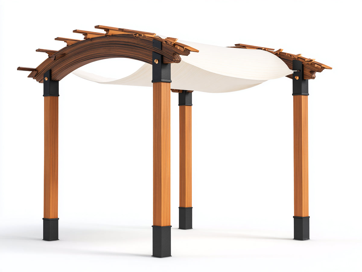 Pérgola de jardín - estructura de madera 300 x 250 x 260 cm - marrón-blanco-negro - diseño moderno con cubierta textil ondulada