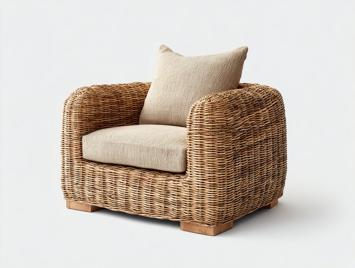 Sillón de ratán natural 88x84x78 cm - Marrón y beige - Asiento acolchado y diseño envolvente