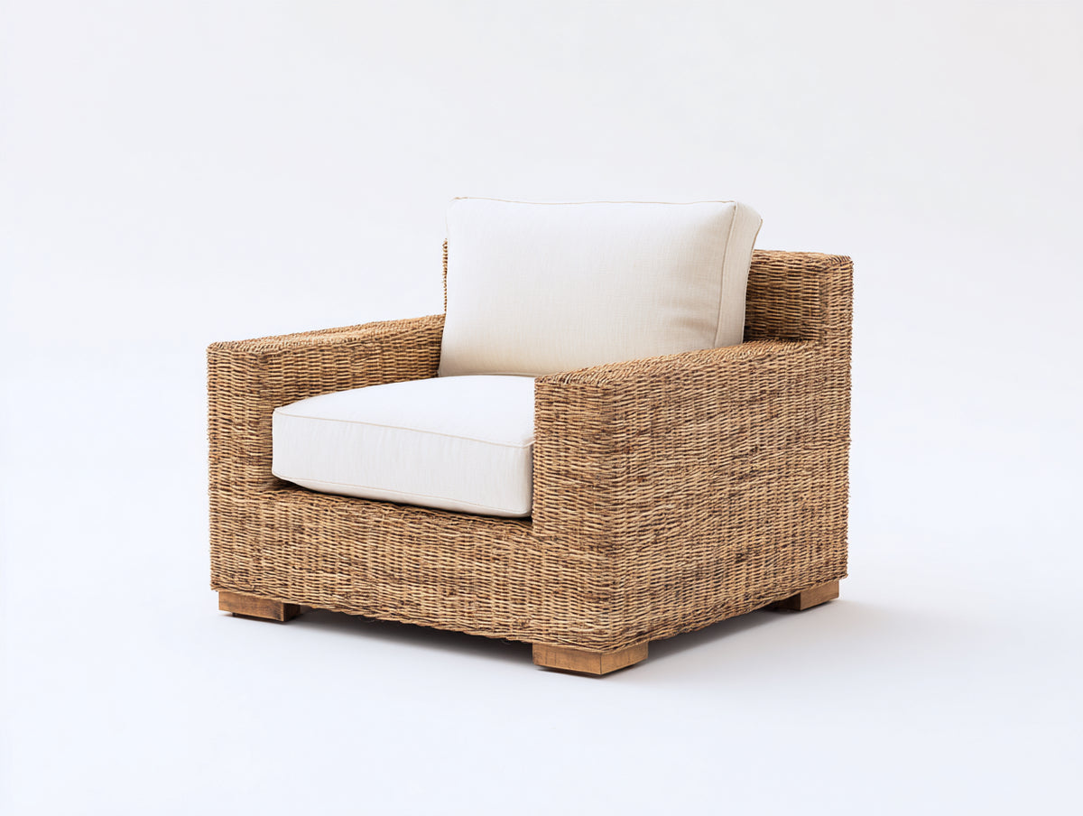 Sillón de ratán 100x92x82 cm - Ratán natural-Blanco roto - Diseño moderno con reposabrazos rectos