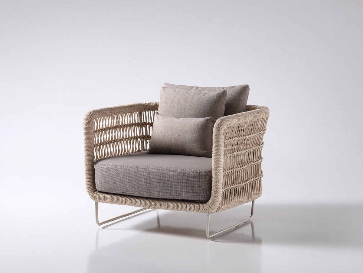 Sillón de ratán trenzado 82x78x80 cm - Beige y topo - Base metálica y diseño abierto
