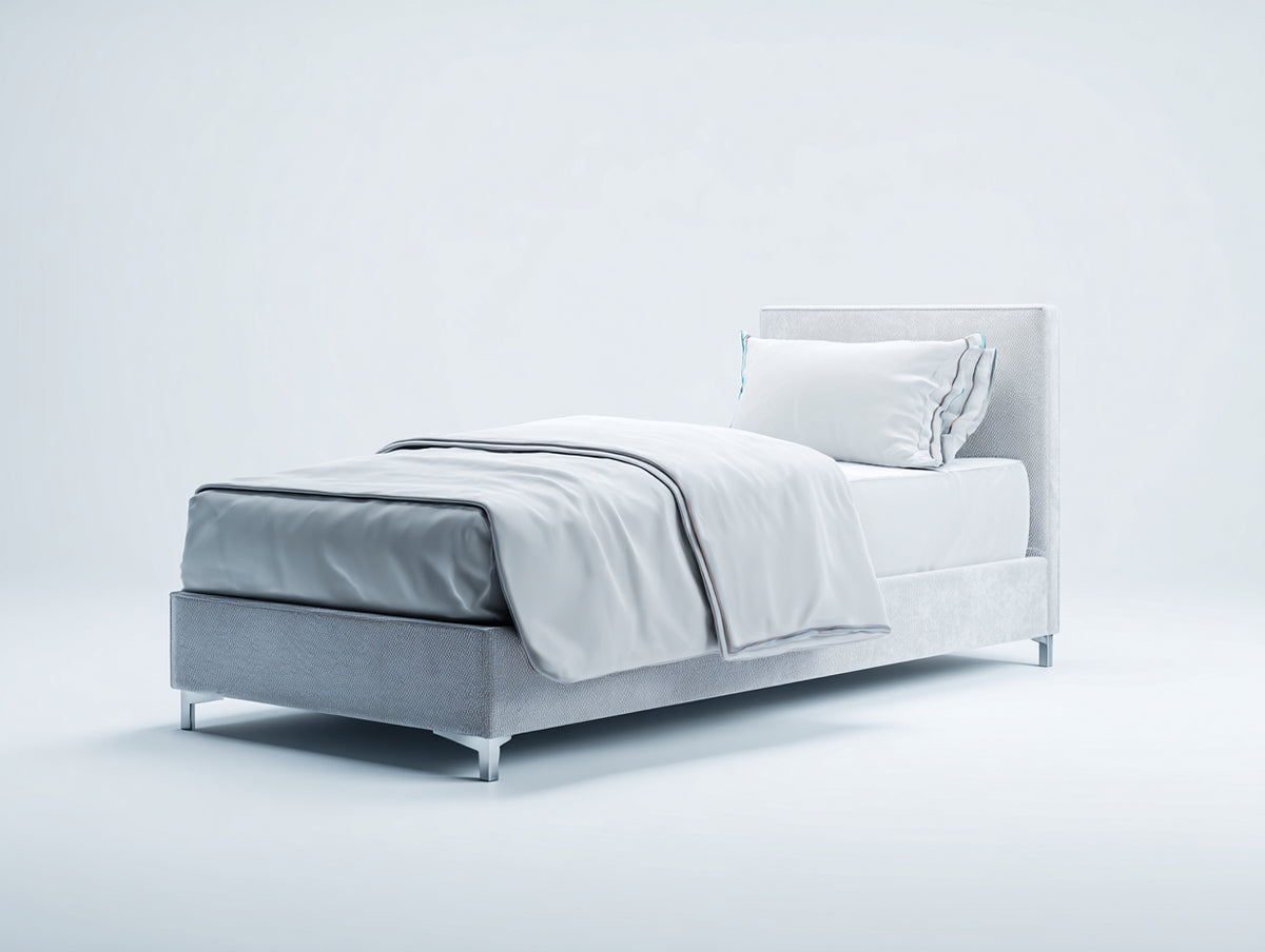 Cama individual tapizada de tela 205x100x100 cm - Gris claro - Patas metálicas y diseño moderno
