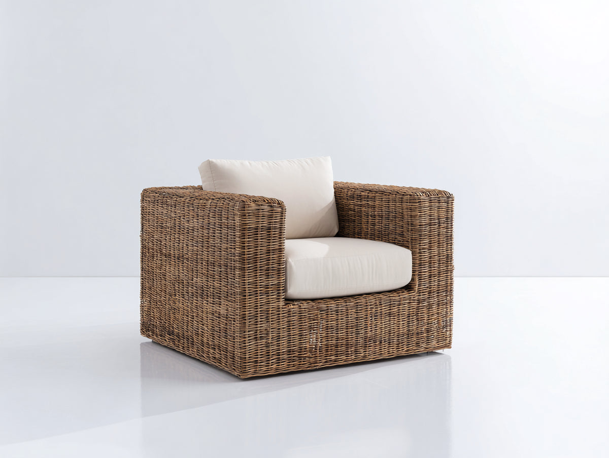 Sillón de ratán 100x90x75 cm - Marrón-Blanco - Diseño moderno para exterior