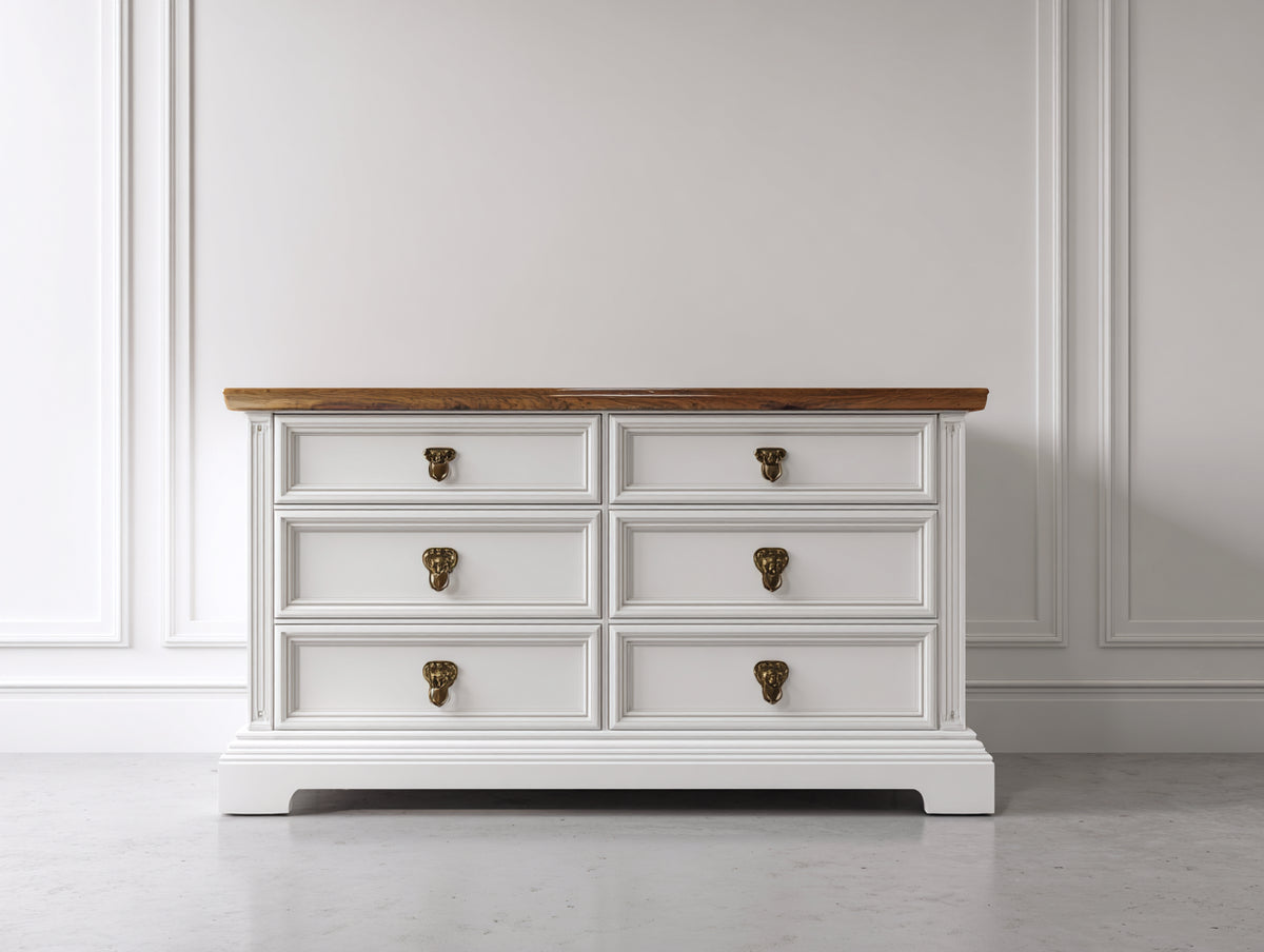 Cómodas de madera 145x45x90 cm - blanco-madera natural - diseño clásico con 6 cajones para dormitorio